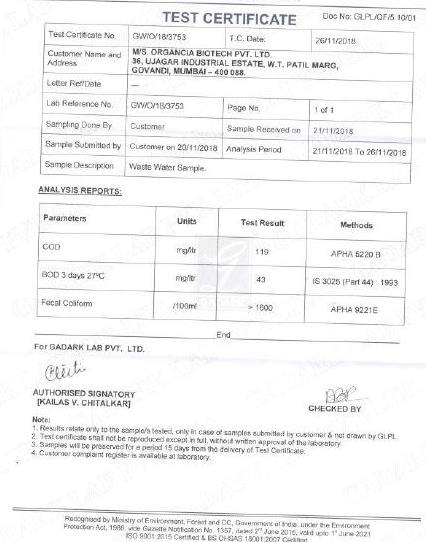 Providing Bioclean BD For Septic Tank To The Defence 6 Test Certificate