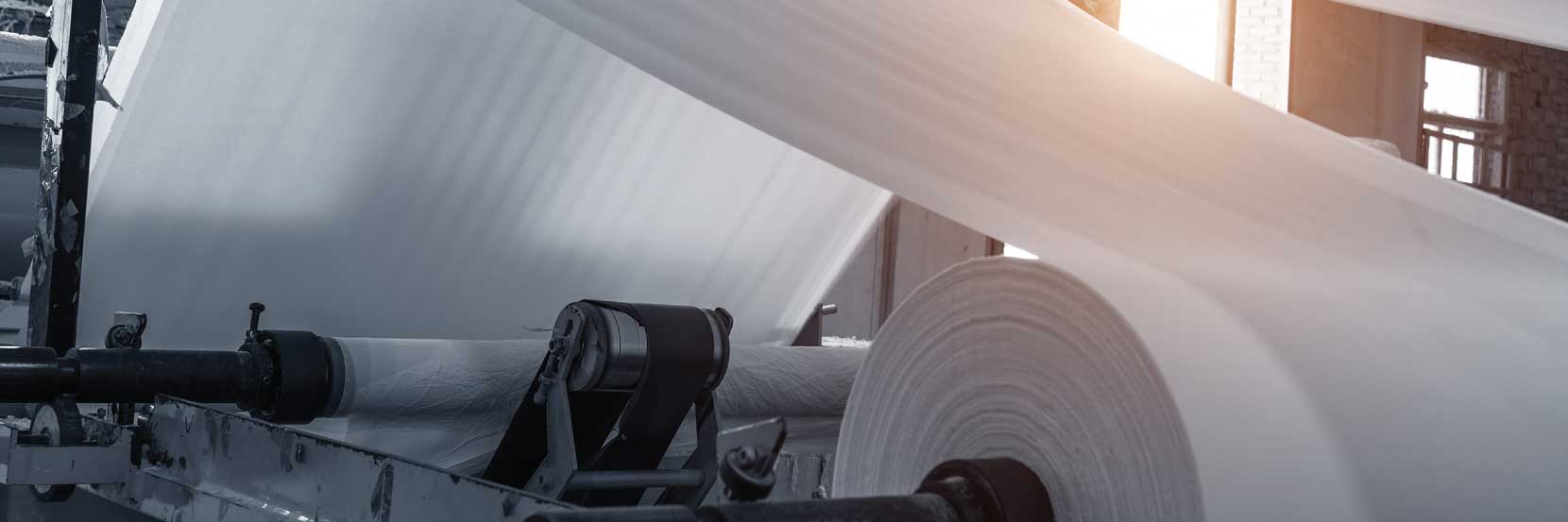 Large rolls of white paper on a production line in a factory, illustrating paper production.