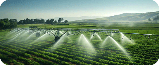 Center-pivot irrigation system watering green crops in a field under a clear sky.
