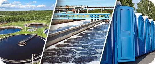 Collage of a wastewater treatment pond, STP facility with flowing water, and blue portable toilets.