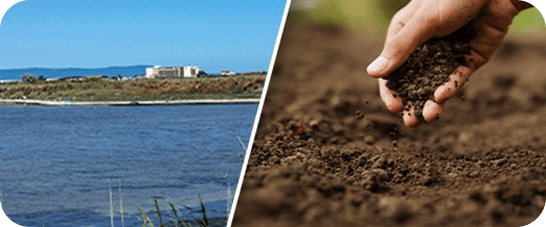 Split image of a clear lake with distant land and hands holding soil for remediation.